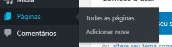 Exemplo de mouse sobre Páginas no menu lateral do Painel Administrativo do WP