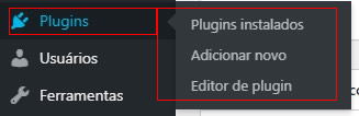 Exemplo do acesso a função Plugins no menu lateral do Painel Administrativo do WP com o mouse sobre