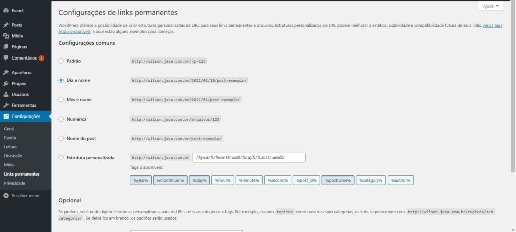 Exemplo da tela Links Permanentes da função Configurações do WP
